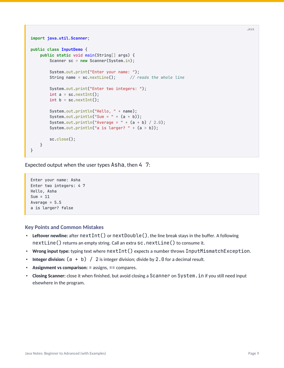 Java Notes: Beginner to Advanced (with Examples) — page 9