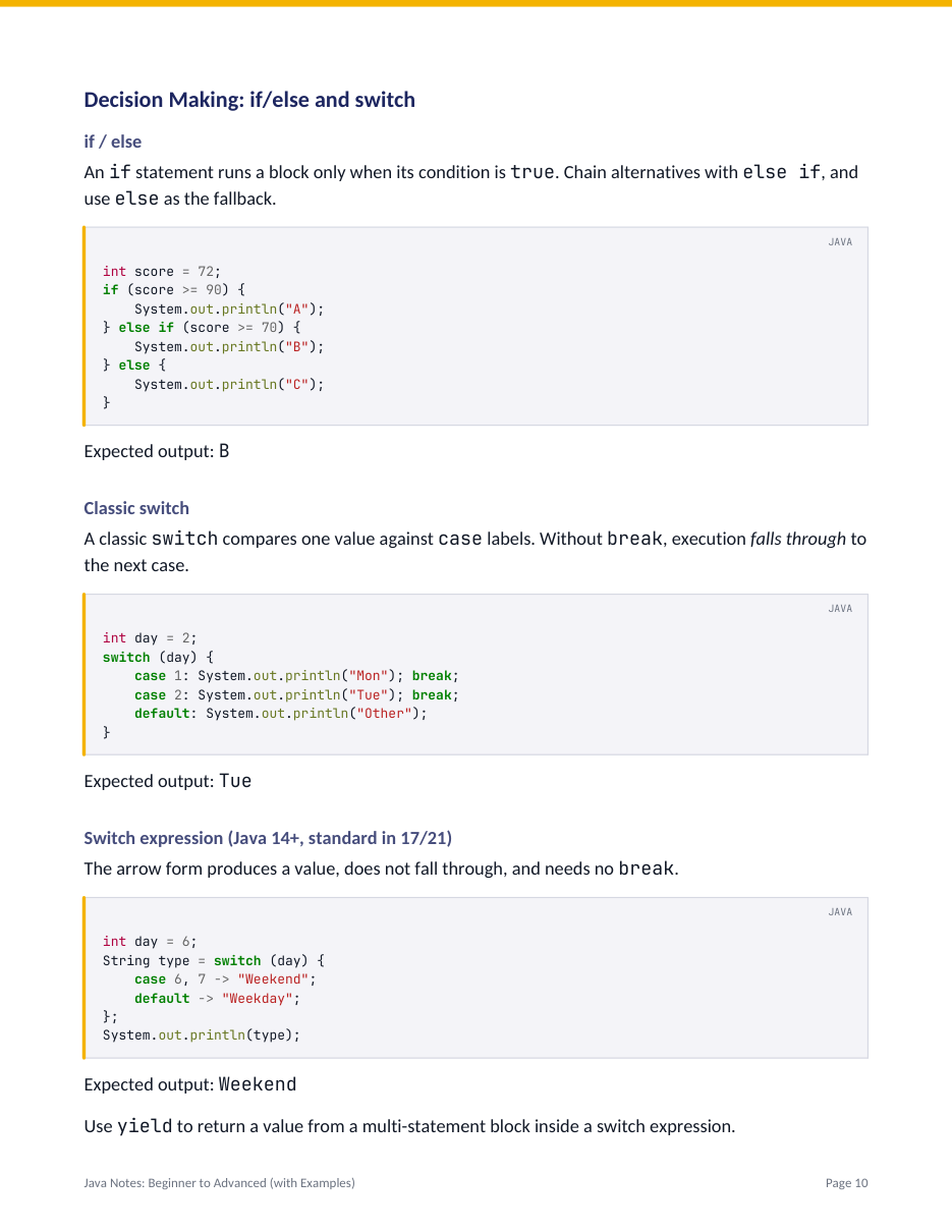 Java Notes: Beginner to Advanced (with Examples) — page 10